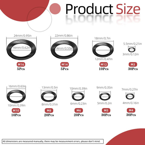 Top Shelf 160 Piece Black Double Side Lock Washer Assortment Kit Featuring Conical Spring Toothed Design For Heavy Duty Garage Projects And Quick Fixes In A Snap product size chart with dimensions and quantities.