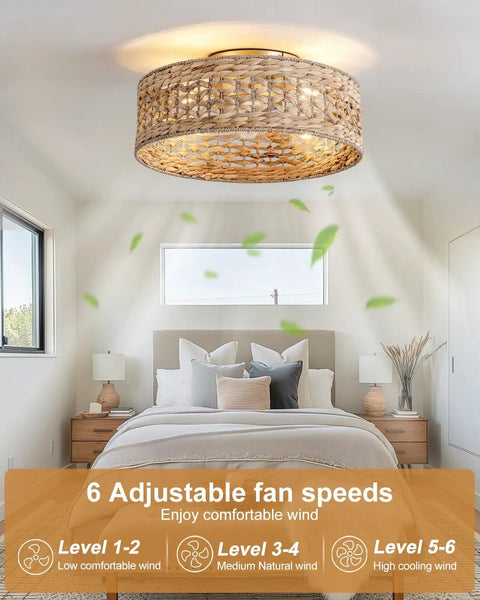 XINGSIYUELYX Boho Rattan Caged Fandelier Ceiling Fans with Lights in modern bedroom with 6 adjustable fan speeds