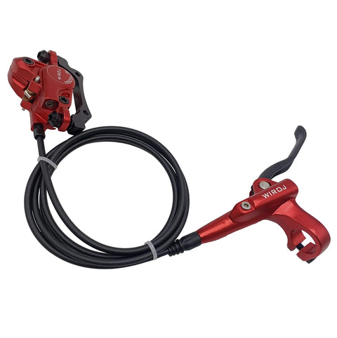 Sick Stopping Power Hydraulic Disc Brake Set For Mountain Bikes Includes Dual 160mm Rotors Long Oil Lines And Front Rear Levers, red lever and caliper view.
