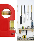 Portable for spirit Level with Hook for Horizontal Vertical Plane Check in red plastic, showing vials and chain.