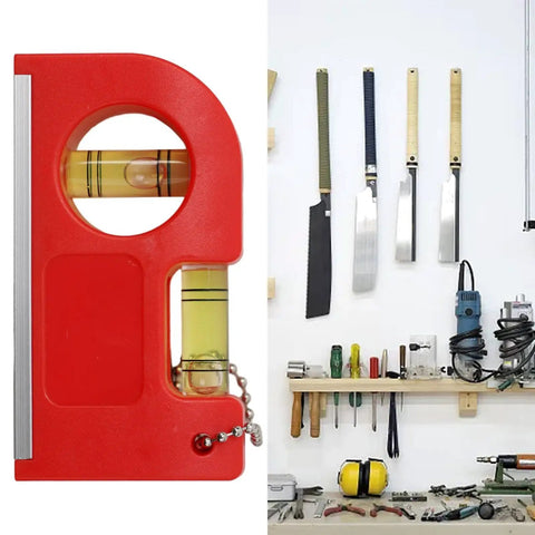 Portable for spirit Level with Hook for Horizontal Vertical Plane Check in red plastic, showing vials and chain.