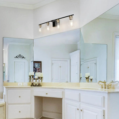 4 Light Bathroom Vanity Light Fixture Modern Black And Gold Sconce Wall Lights Over Mirror With Clear Glass Shades for powder room
