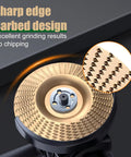 14 Piece Wood Carving Discs Set For 4 Inch And 4.5 Inch Angle Grinders With Rotary Burrs And Five Eighths Inch Adapters, includes close-up of sharp-edged carving disc.
