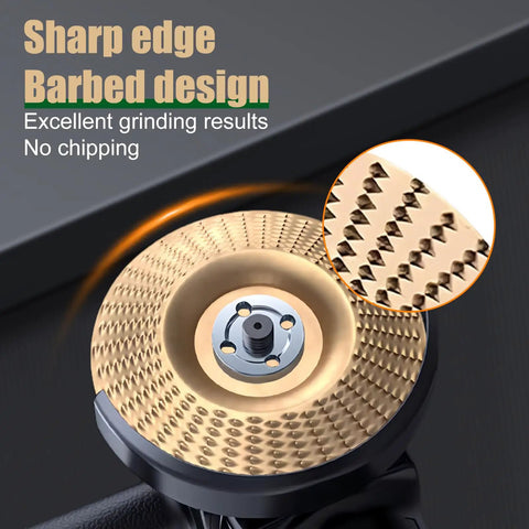 14 Piece Wood Carving Discs Set For 4 Inch And 4.5 Inch Angle Grinders With Rotary Burrs And Five Eighths Inch Adapters, includes close-up of sharp-edged carving disc.