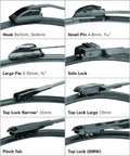 24 Inch Beefy Beam Windshield Wiper Blade With Click On Adapter showing various hook and pin styles for installation.