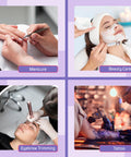 Collage showing manicures, beauty care, eyebrow trimming, and tattooing in salon settings.