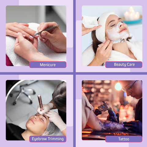 Collage showing manicures, beauty care, eyebrow trimming, and tattooing in salon settings.