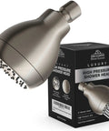 Ultra High Pressure Chrome Shower Head Delivers Crazy Strong Spray With Anti Clog Silicone Nozzles next to packaging box