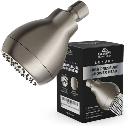 Ultra High Pressure Chrome Shower Head Delivers Crazy Strong Spray With Anti Clog Silicone Nozzles next to packaging box