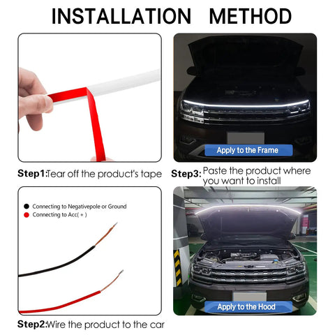 Installation steps for 70 Inch White LED DRL Car Hood Light Strip With Dynamic Scan Start Up For Cars Trucks And SUVs