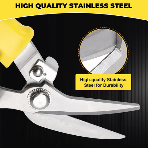 Close-up of Heavy Duty Tin Snips For Cutting Metal Sheet 8 Inch Straight Cut Aviation Tin Snips With Sharp Stainless Steel Blades.