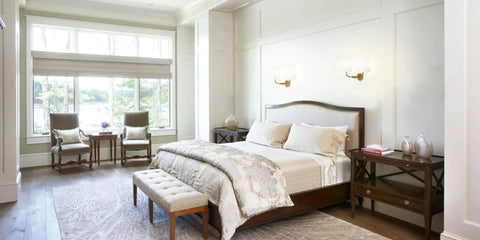 Industrial Battery Powered Wall Sconce With Two Light LED Fixture, Flared Funnel White Fabric Shade in modern bedroom