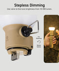 Go-To Rugged Outdoor Camping LED Lantern With Mini Tripod Dimmable USB Powered Soft Light showing stepless dimming switch and USB port.
