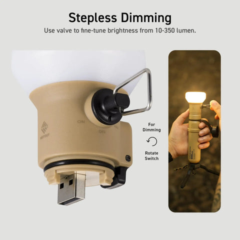 Go-To Rugged Outdoor Camping LED Lantern With Mini Tripod Dimmable USB Powered Soft Light showing stepless dimming switch and USB port.