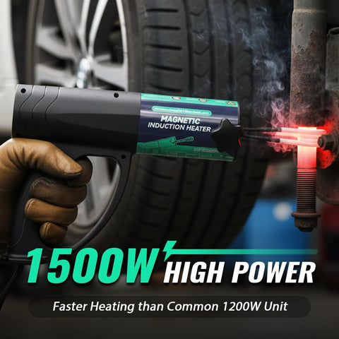 Side view of Mxmoonfree magnetic induction heater 1500W heating a bolt near a car wheel.
