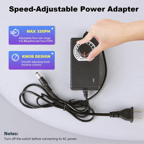 Speed adjustable power adapter with knob design for Compact Electric Water Transfer Pump With Top Shelf Food Grade Hoses.