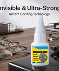 Heavy Duty Eyeglasses Repair Glue For Busted Frames Yields Hella Tough Rock Solid Bond Quick Dry Formula in a clear bottle beside broken glasses.
