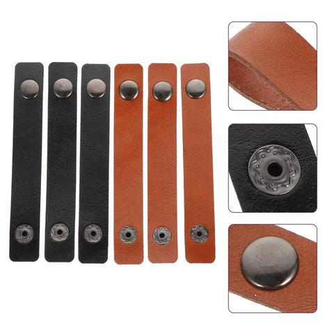 Six Piece Slick Leather Cable Straps For Usb Gadgets And Headphones Black Anti Tangle Wire Ties, close-up of varied colors.