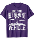 Purple tee with 'This is My Retirement Vehicle' text and paraglider graphic for Powered Paraglider Lover Tee For Paramotor Enthusiasts Aviation Gear Shirt For Men Who Fly Paragliding Parawing Enthusiast Gift Paramotoring Equipment Lover Apparel.