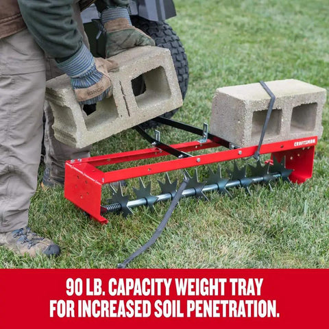 36-Inch Tow-Behind Spike Aerator For Lawns With 9 Galvanized Disks And An 80 Lb Weight Tray, Universal Hitch, Red, Rugged 10-Gauge Steel Frame
