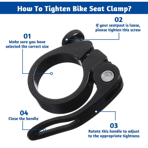 Diagram showing steps to tighten Universal 31.8mm Bike Seat Post Clamp Quick Release Aluminum, Ultra Lightweight for secure grip.