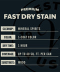 Label detailing Premium Antique White Oil Based Wood Stain Spray with cleanup, dry time, and coverage information.