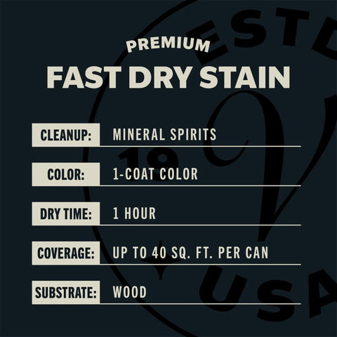 Label detailing Premium Antique White Oil Based Wood Stain Spray with cleanup, dry time, and coverage information.
