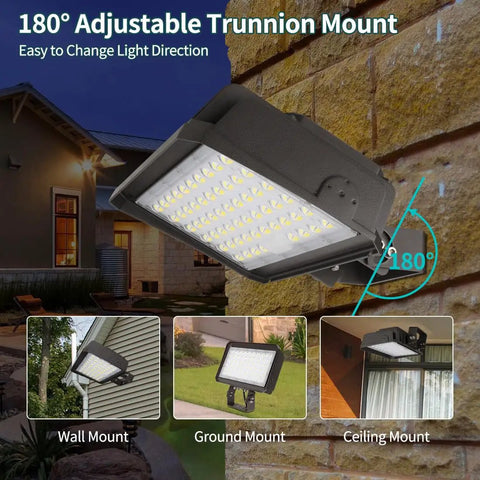 Built Tough Adjustable 150W LED Flood Light With Dusk To Dawn Photocell in trunnion mount outdoor installation