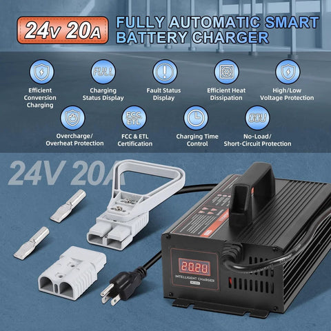 24V 20A Fully Automatic Forklift Battery Charger With Smart 4-Stage Charging, LCD Display, 7 Protections, Pro Grade Lead-Acid Battery Charger For Forklifts, Pallet Jacks, And Floor Scrubbers