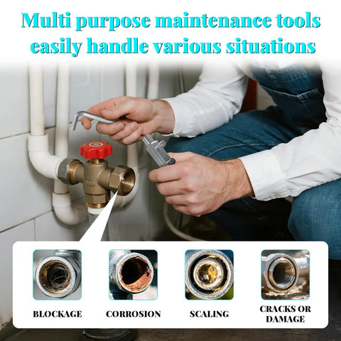 Two Pack Broken Pipe Extractor Tool Set For Damaged Screws And Faucets in plumbing repair setup scene, showing tool use on pipes.