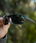 Kickass Z87 Certified Wayfarer Safety Sunglasses Featuring Hella Effective Antifog Smoke Lenses And Totally Shatterproof Matte Black Frames Built Tough For Male Workers held in hand outdoors.