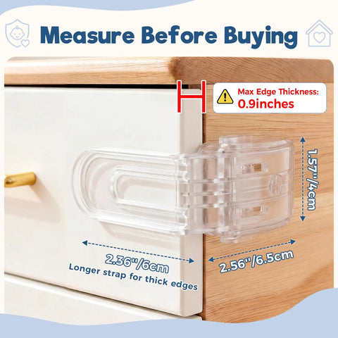 Baby Proofing Drawer Locks With Dual Button Unlock Clear Adhesive Safety Locks 4 Pack Easy Install on wood cabinet