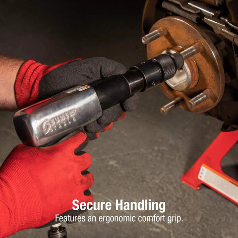 Long Barrel Air Hammer With Three Quarter Inch Bore, 2,200 BPM, Aluminum Housing And Ergonomic Grip being used on metal.