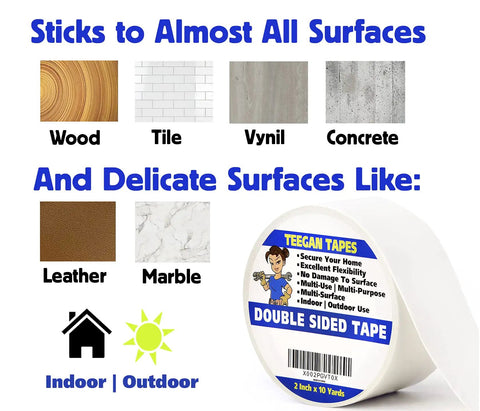 Heavy Duty Double Sided Carpet Tape For Rugs And Carpets 2 Inch Wide By 10 Yards Long Stays Put on various surfaces including wood, tile, and marble.
