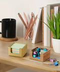 Gold Wood Sticky Note Holder For 3x3 Post It Notes Handy Dope Desk Organizer on office desk next to books and mug
