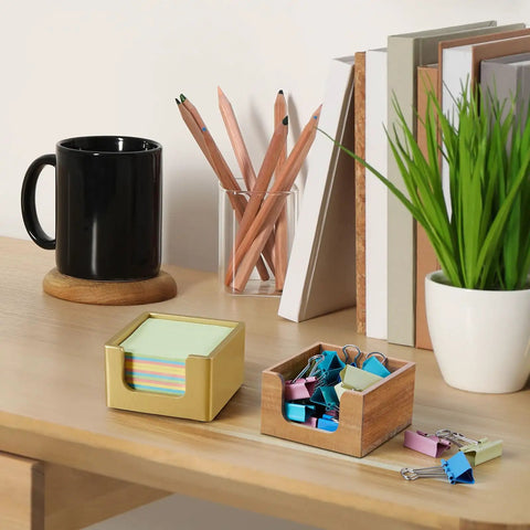 Gold Wood Sticky Note Holder For 3x3 Post It Notes Handy Dope Desk Organizer on office desk next to books and mug