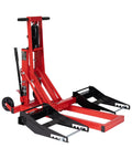 Heavy Duty 750Lb Capacity Hydraulic Riding Lift Jack For Tractors AtVs And Zero Turn Lawn Mowers Adjustable Height With Safety Lock smooth red frame.