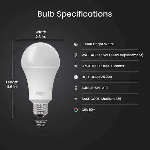 A19 LED Light Bulb 100W Equivalent Dimmable 3000K Bright White 1600 Lumens 22 Year Lifetime E26 Base CRI 90 UL Listed Damp Rated 2 Pack Great For Living Room Kitchen And Office