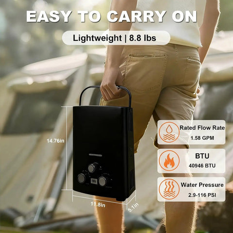 Person holding a lightweight 8.8 lbs propane portable instant water heater with digital display for camping use.