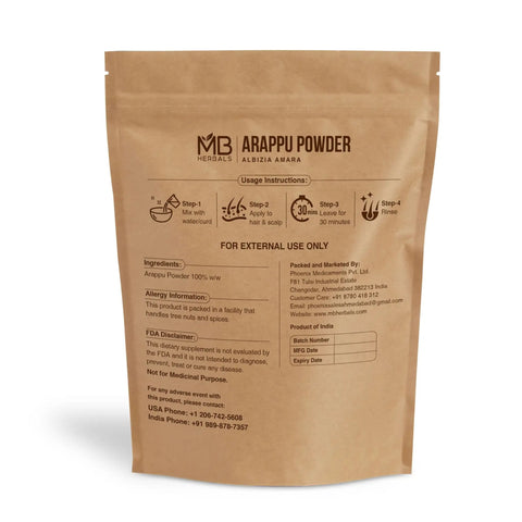 Back view of Arappu Powder For Hair Conditioning 8 Oz All Natural Plant Based Albizia Amara Scalp Nourishing Treatment No Preservatives Fragrance Free External Use Only Patch Test Recommended in a brown paper bag with instructions and ingredient list.