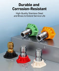 AstroAI pressure washer nozzle tips 5-pack with 1/4-inch quick-connect; five angles, green/orange collars.