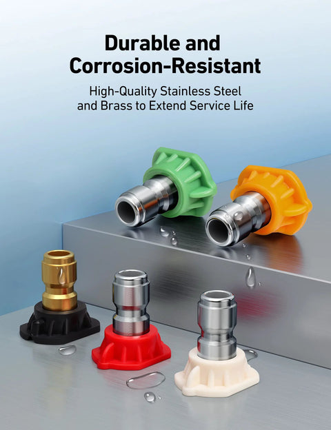 AstroAI pressure washer nozzle tips 5-pack with 1/4-inch quick-connect; five angles, green/orange collars.