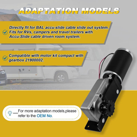 Slide Out Motor And Gearbox Direct Fit Replacement For Accu Slide Cable System With 12V High Torque Motor And R25075 R25076 Gear Box For Travel Trailer Camper OEM Standard with RV background.