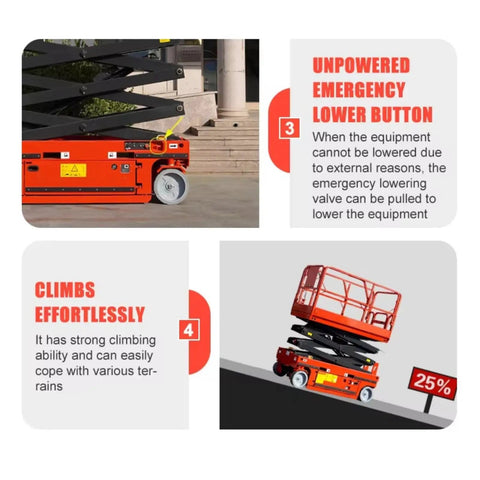 Heavy Duty Electric Hydraulic Lift Platform For Warehouse Vertical Cargo Transfer And Seamless Operation Engineered For Logistics Facilities With Rock Solid High Reach Equipment Handling Built Tough For Daily Grind showing emergency lower button and climbing ability.