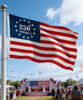 Double Sided 3 Ply 250th Anniversary American Flag 3 By 5 Feet outdoor display, waving at celebration with balloons