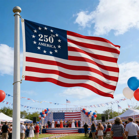 Double Sided 3 Ply 250th Anniversary American Flag 3 By 5 Feet outdoor display, waving at celebration with balloons