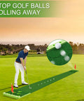 Golf Putting Game Set For Indoor And Outdoor With Front Border Mat Includes 4 Balls 1 Portable Bag 2 Flags And Cups Practice Training Aid For Backyard Party Or Office, with golfer on mat