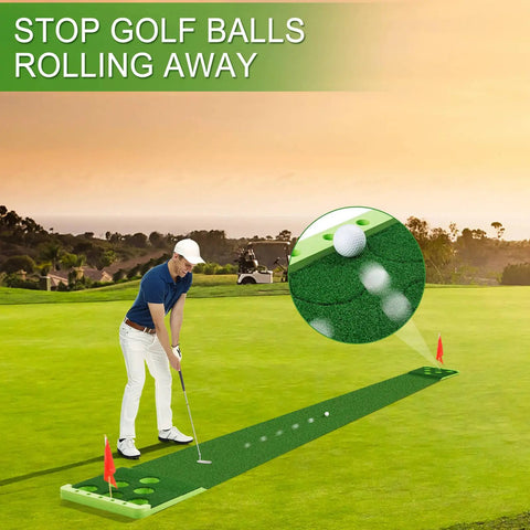 Golf Putting Game Set For Indoor And Outdoor With Front Border Mat Includes 4 Balls 1 Portable Bag 2 Flags And Cups Practice Training Aid For Backyard Party Or Office, with golfer on mat
