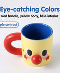 Clown Face Ceramic Mug 10 Oz Yellow Coffee Cup With Blue Interior And Red Handle Fun Morning Wakeup Gift For Coffee Lovers