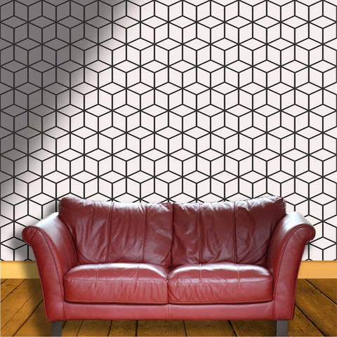 Elevate Your Home Digs With This Thick Textured Vinyl Wallpaper Roll light color peel and stick removable wall covering behind a red sofa.